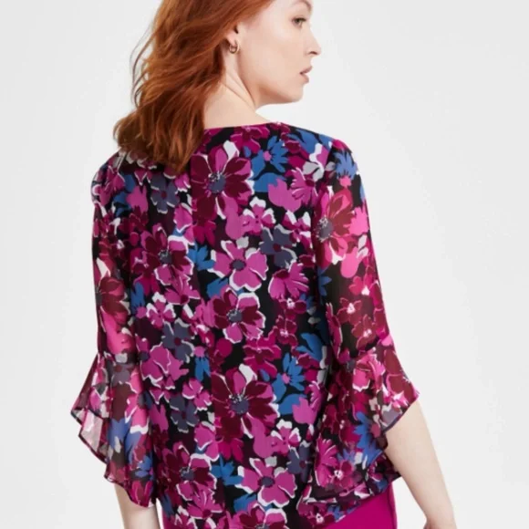 Kasper Women's Floral-Print Ruffle-Sleeve Blouse - Black/Cerise Multi SZ:S/XS - Picture 2 of 3
